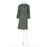 A Chanel couture peacock blue and brown flecked tweed suit, 1974, labelled and numbered 50064,