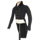 A young man's navy facecloth tailcoat, early 19th century, with velvet notched collar,