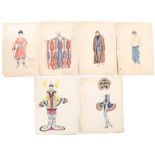 Six Gilbert Adrian costume designs, probably for 'Hassan', 1924, pencil and watercolour,