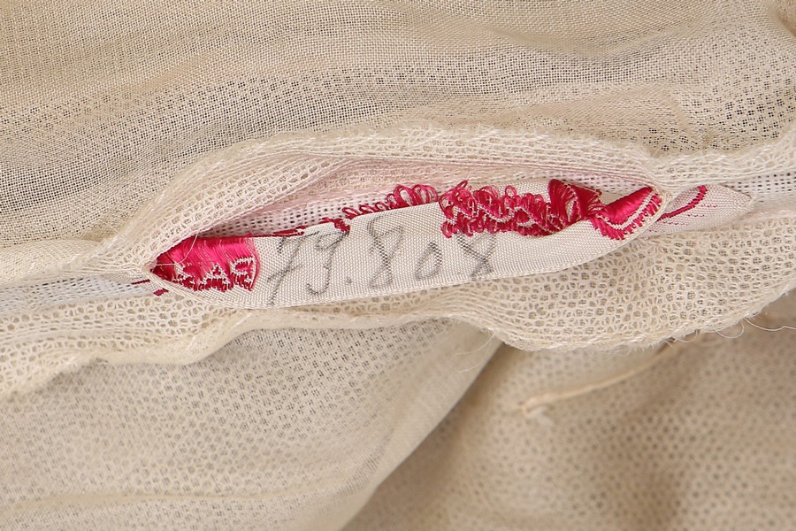 A Jean Patou chinoiserie brocaded satin gown, circa 1960, pink on white woven label, numbered 79808, - Image 8 of 8