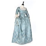 A turquoise-blue brocaded satin robe a l'Anglaise, the silk 1760s,