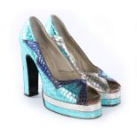 A pair of Terry de Havilland metallic snakeskin platform shoes, 1970s, lycodonomorphus rufulus,