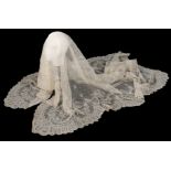 A net on net lace veil, late 19th century, the borders densely worked with scrolling blooms,