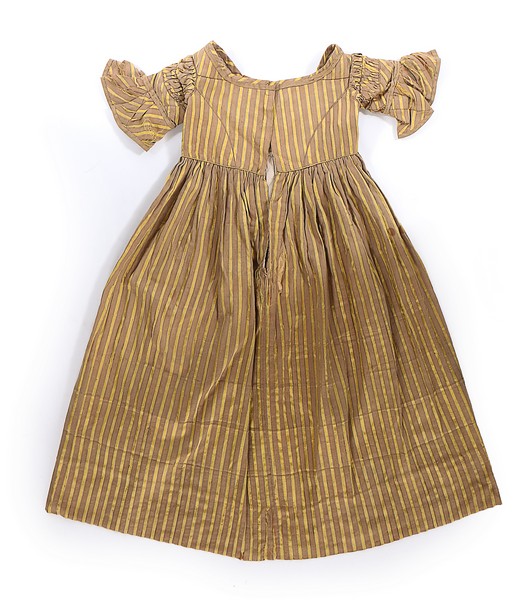 A striped satin girl's dress, late 1830s, with high V-shaped waistline, - Image 3 of 8