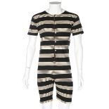 A gentleman's striped knitted swimsuit, circa 1910, white glass button-fronted, chest 92-97cm,