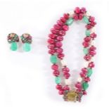 An Iradj Moini raw emerald, facetted raw ruby and faux pearl necklace and clip earrings, 1990s,