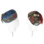 Two gentlemen's embroidered wool smoking hats, 1840-1850s,