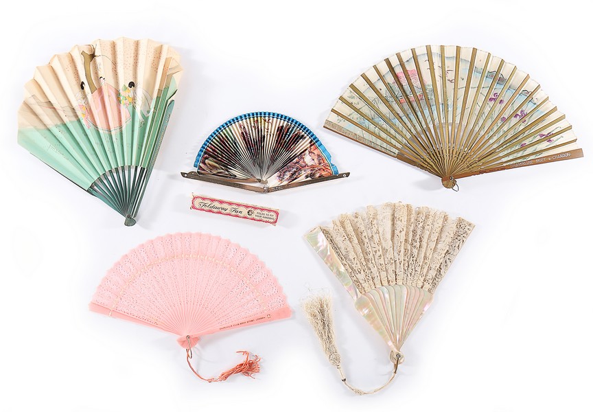 A quantity of advertising fans for hotels and liquor, mainly 1920s-30s,