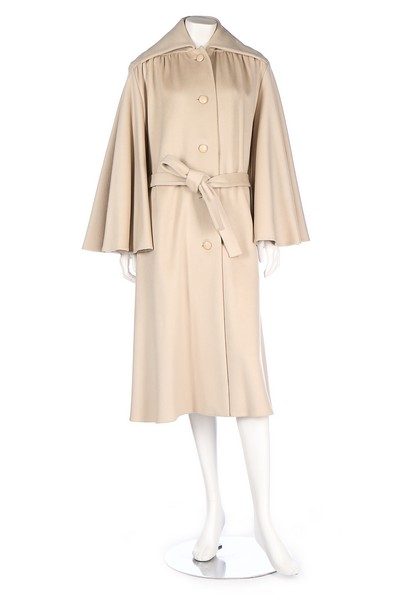 A Marc Bohan for Christian Dior beige wool coat, circa 1975, black Paris label numbered, tie-belt,