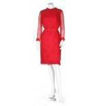 A Rahvis couture red chiffon cocktail dress, mid 1960s, un-labelled,