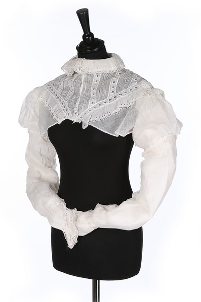 A whiteworked muslin spencer bodice, 1810-20, empire-line with frilled cutwork collar, - Image 2 of 8