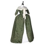 A green damask satin robe a l'Anglaise, the silk 1730s altered 1770s, with closed-front bodice,