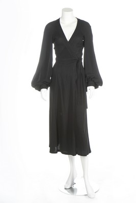 An Ossie Clark black moss crêpe 'Cuddly' gown, circa 1970, printed satin label and size 8,