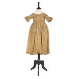 A striped satin girl's dress, late 1830s, with high V-shaped waistline,