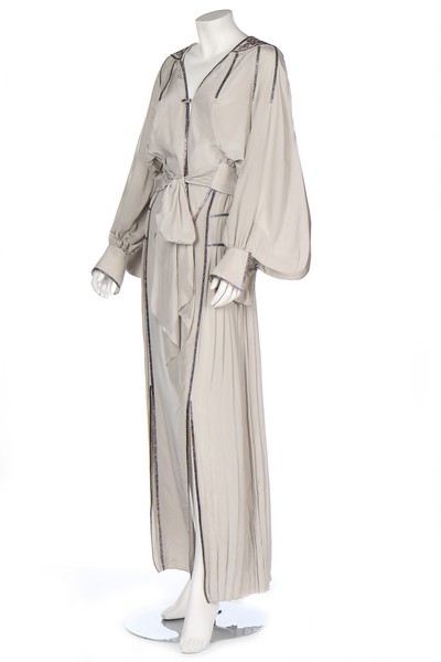 A Bill Gibb grey silk evening ensemble, circa 1977, labelled, the blouse with beaded yoke,