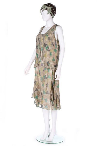 A printed lamé cocktail dress, the fabric 1930s, made in a 1920s style,