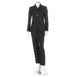 An Hermes black wool suit, modern, labelled, with leather zip pulls, chest 86cm, 34in, waist 66cm,