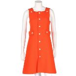 A Courrèges orange wool pinafore-style dress, early 1970s, Hyperbole, Paris labelled,