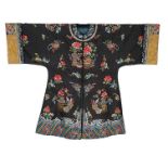 A woman's embroidered semi-formal robe, Chinese, early 20th century, of charcoal-grey silk,