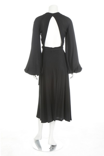 An Ossie Clark black moss crêpe 'Cuddly' gown, circa 1970, printed satin label and size 8, - Bild 3 aus 6