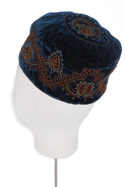 A gentleman's embroidered velvet smoking cap, late 19th century,