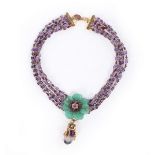 A good multi-strand beaded necklace with dyed aventurine quartz flower-shaped medallion,