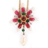 A Chanel sautoir, probably Gripoix, 1993, signed to clasp, with red and green cabochon stones,