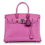 An Hermès cyclamen-pink togo leather Birkin, 2007, blind stamp K, with silver palladium hardware,