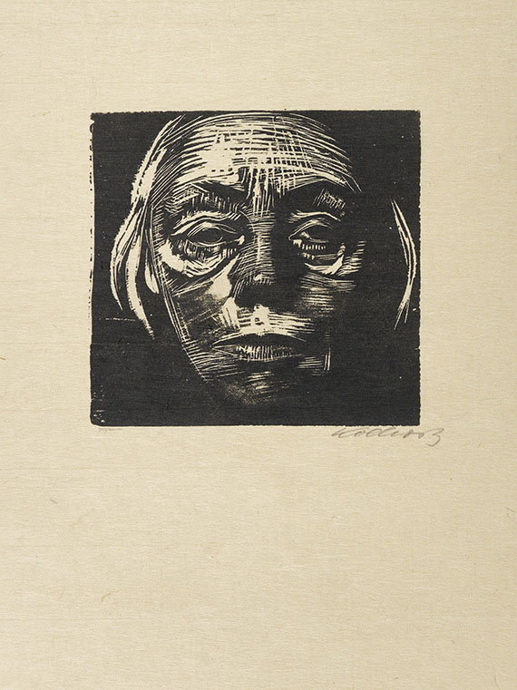 Kollwitz, Käthe Selbstbildnis von vorn. Signierter Orig.-Holzschnitt. 1923. Stockgröße: 14,7 : 15,