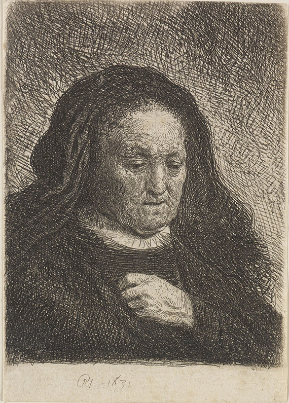 Rembrandt Harmensz. van Rijn Rembrandts Mutter, mit der Hand auf der Brust. Radierung. 1631.