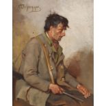 Franz von Defregger 1835 Stronach/Tirol - 1921 München Sitzender Jäger. Nach 1900. Öl auf