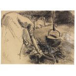 Max Liebermann 1847 Berlin - 1935 Berlin Kochstelle. 1884. Kohlezeichnung , weiß gehöht. Links unten