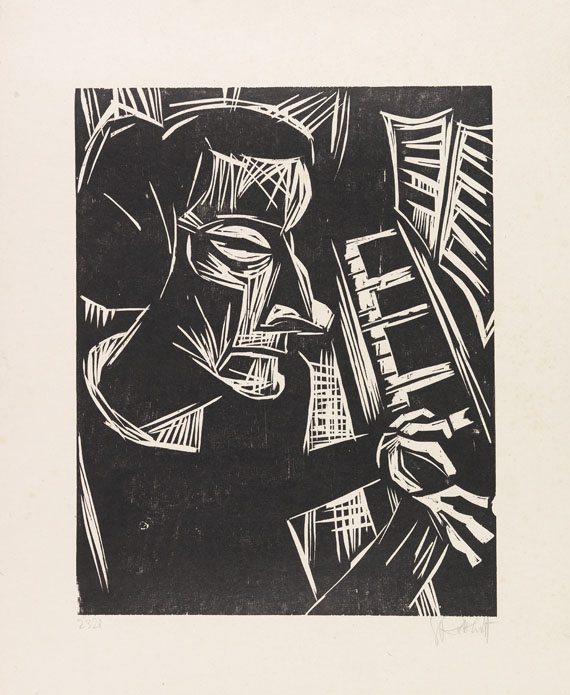 Karl Schmidt-Rottluff 1884 Rottluff bei Chemnitz - 1976 Berlin Frau am Klavier. 1923. Holzschnitt.