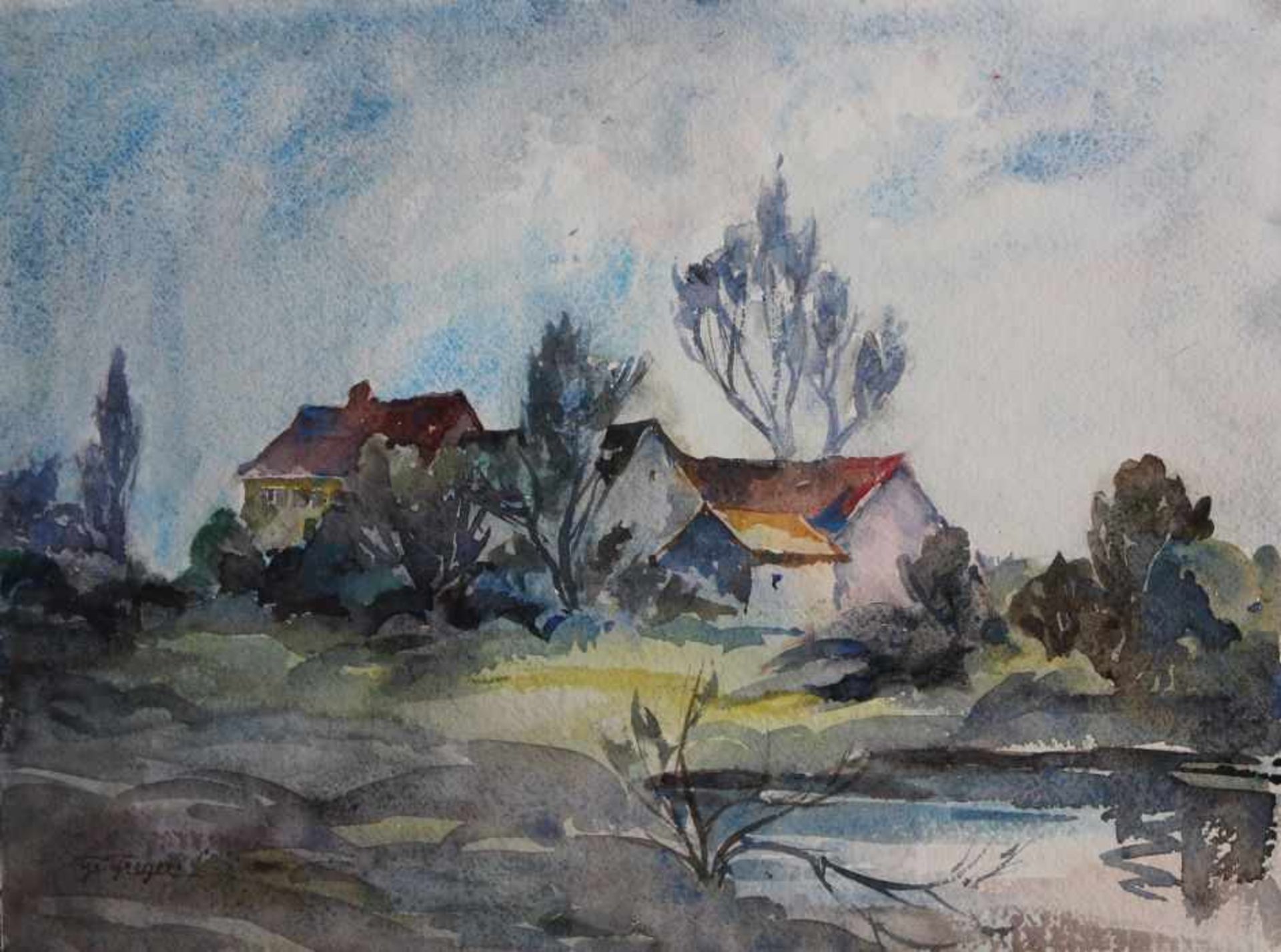 Aquarell - Gabriele Greger (1901 Donauwörth - 1982 Regensburg) "Landschaft mit Häusern", l.u.