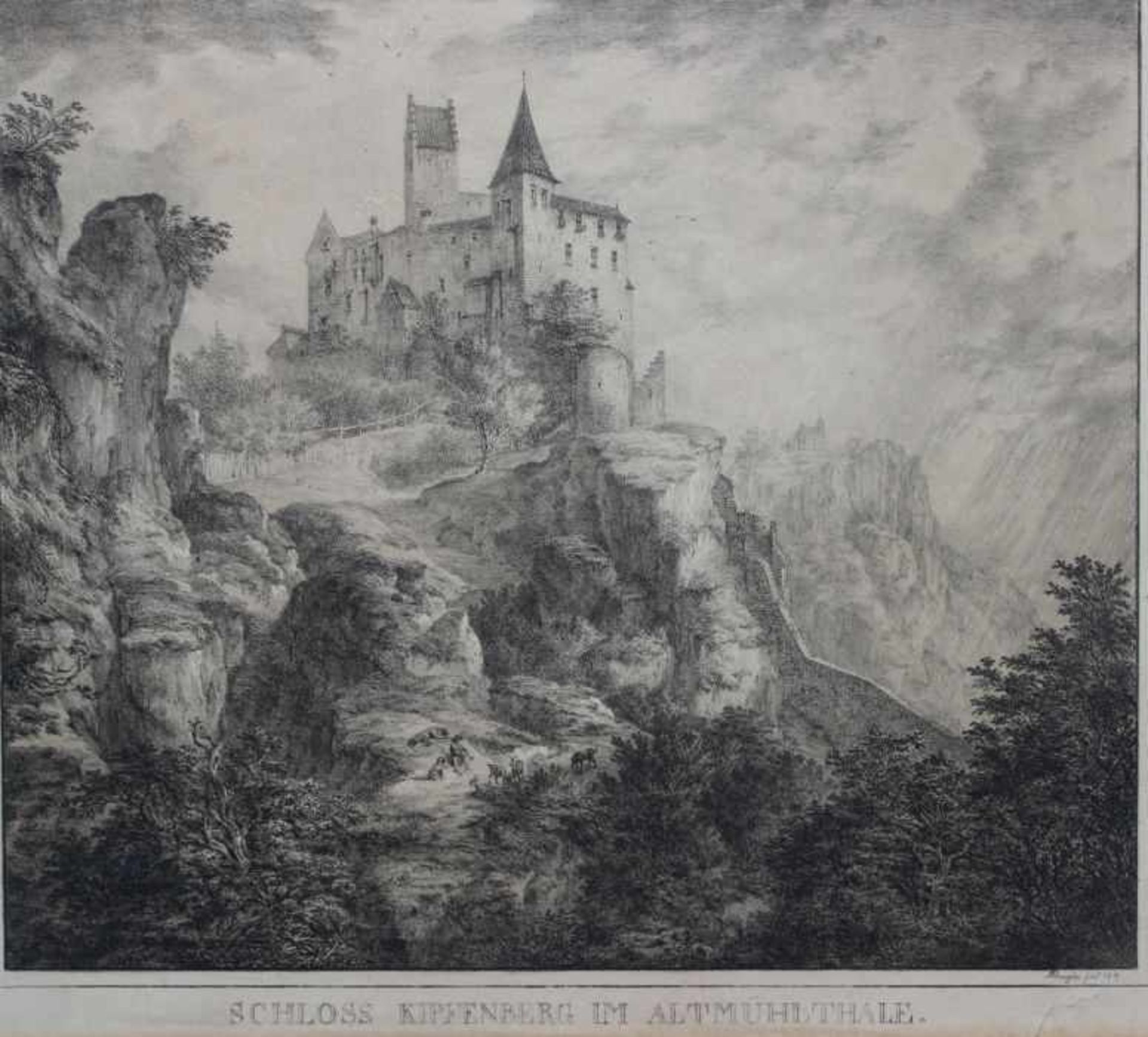 Lithographie von Domenico Quaglio (1787 München -1837 im Schloss Hohenschwangau) "Schloss Kipfenberg