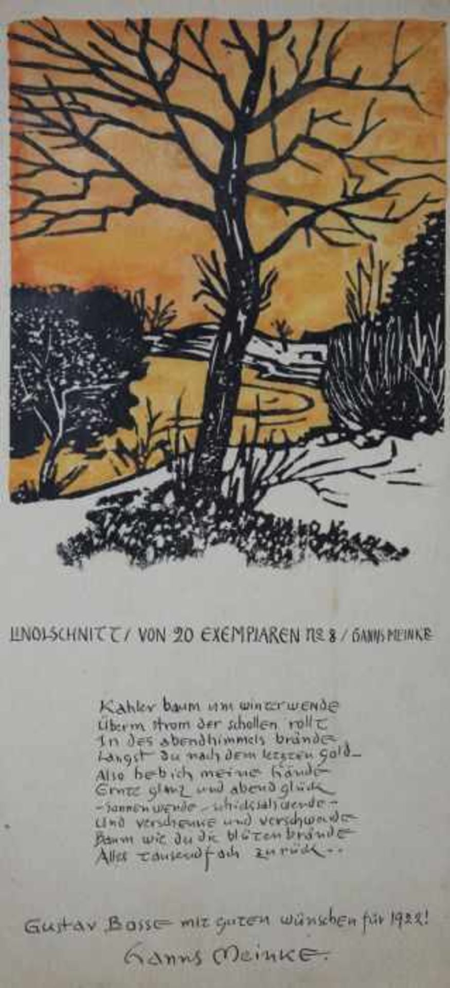 Linolschnitt - Hanns Meinke (1884 Strasburg - 1874 Berlin) "Kahler Baum", um 1920 signiert und num