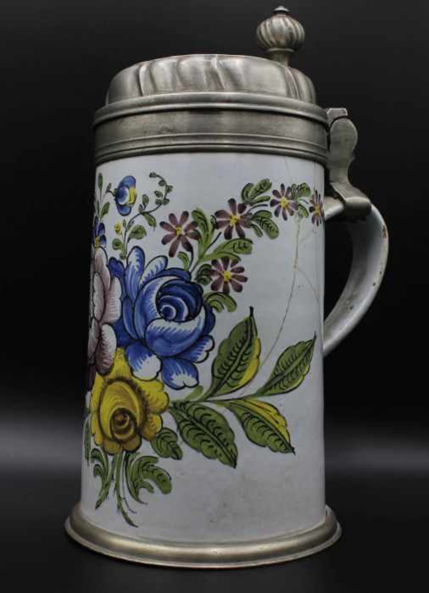 Walzenkrug - deutsch Ende 18.Jahrhundert Fayence, Scherben glasiert und floral staffiert,