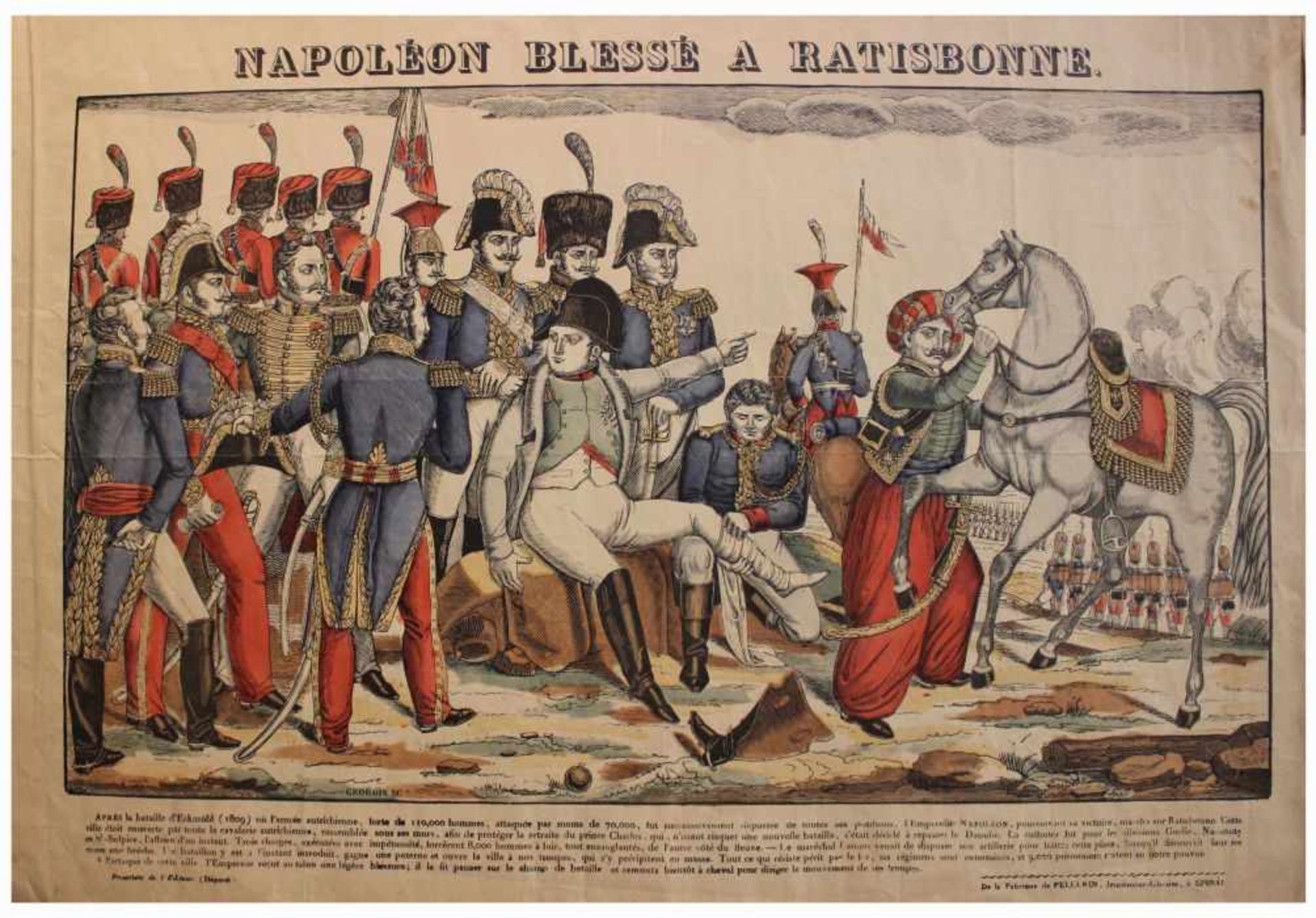 Grafik - Francois Georgin (1801-1863 / Frankreich) "Napoleon blessé a Ratisbonne - Verletzung von
