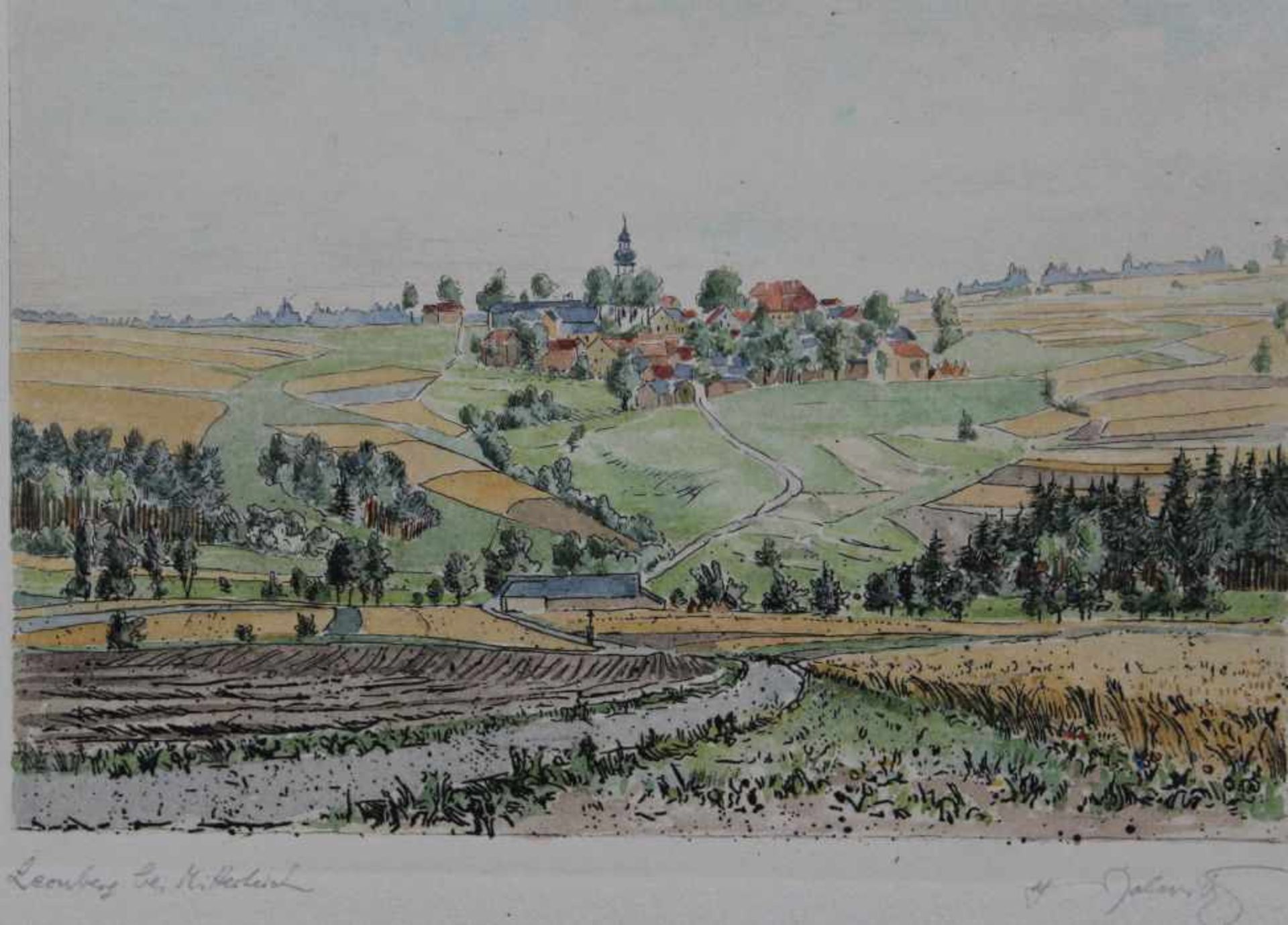 Radierung von Herbert Molwitz (1901 Blankenhain -1970 Tirschenreuth) "Leonberg bei Mitterteich", r.