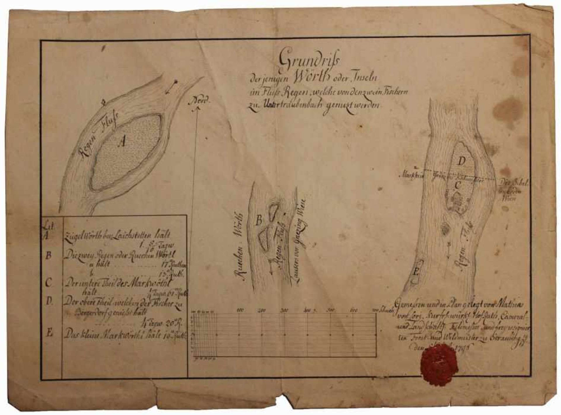 Zeichnung aus dem 18.Jahrhundert "Grundriss derjenigen Wörth oder Inseln im Fluss Regen, welche