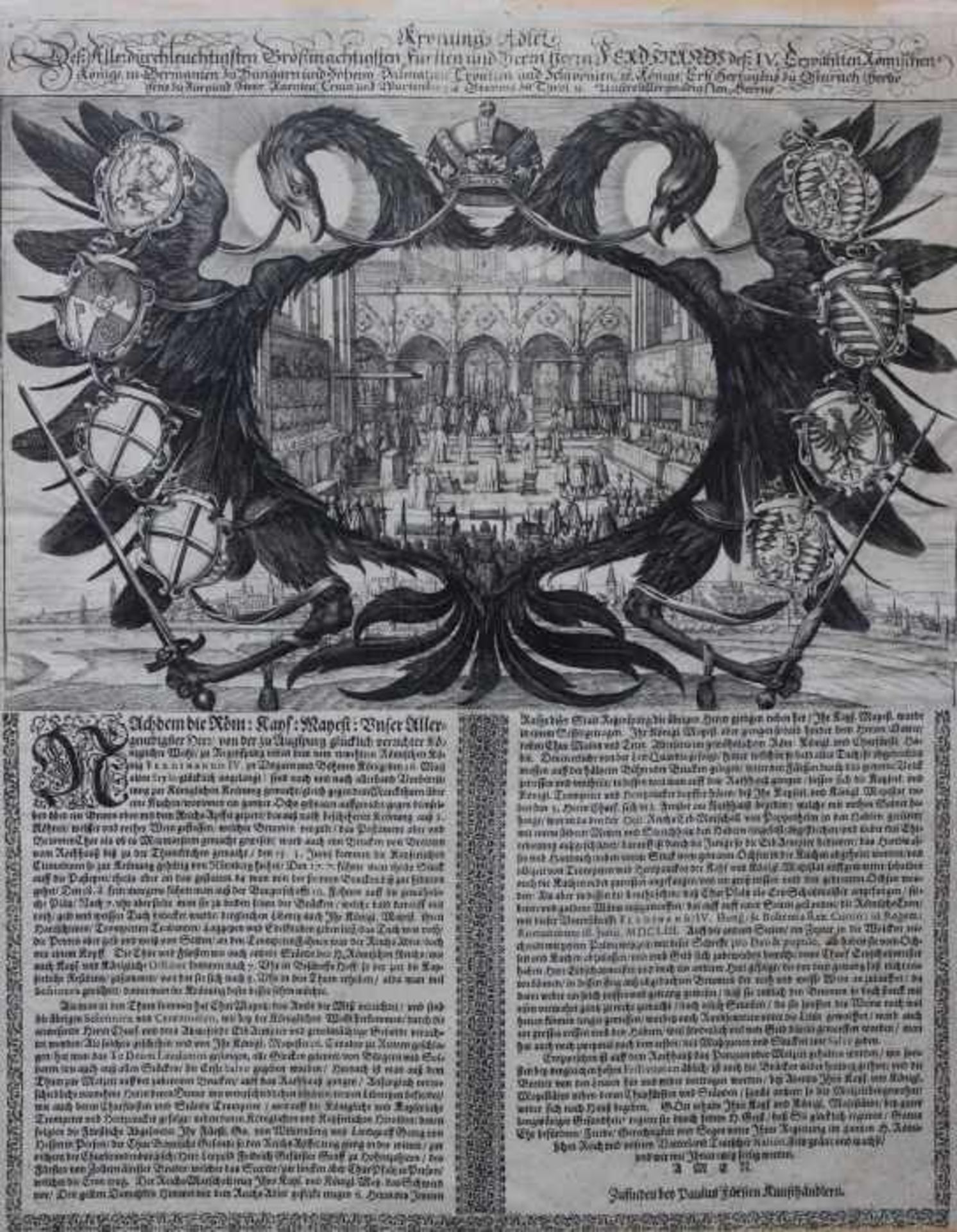 Kupferstich aus dem 17.Jahrhundert "Krönungs-Adler von König Ferdinand IV, am unteren Rand