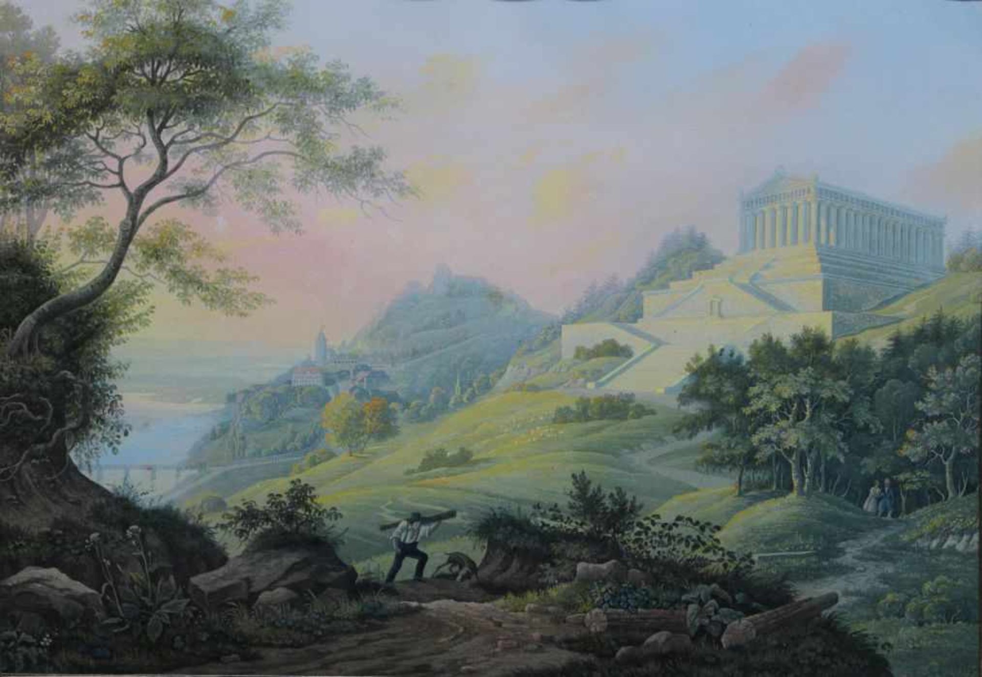 Lithographie - Emanuel Labhart (1810 Steckborn-1874 Feuerthalen) "Walhalla gegen Sonnenuntergang",