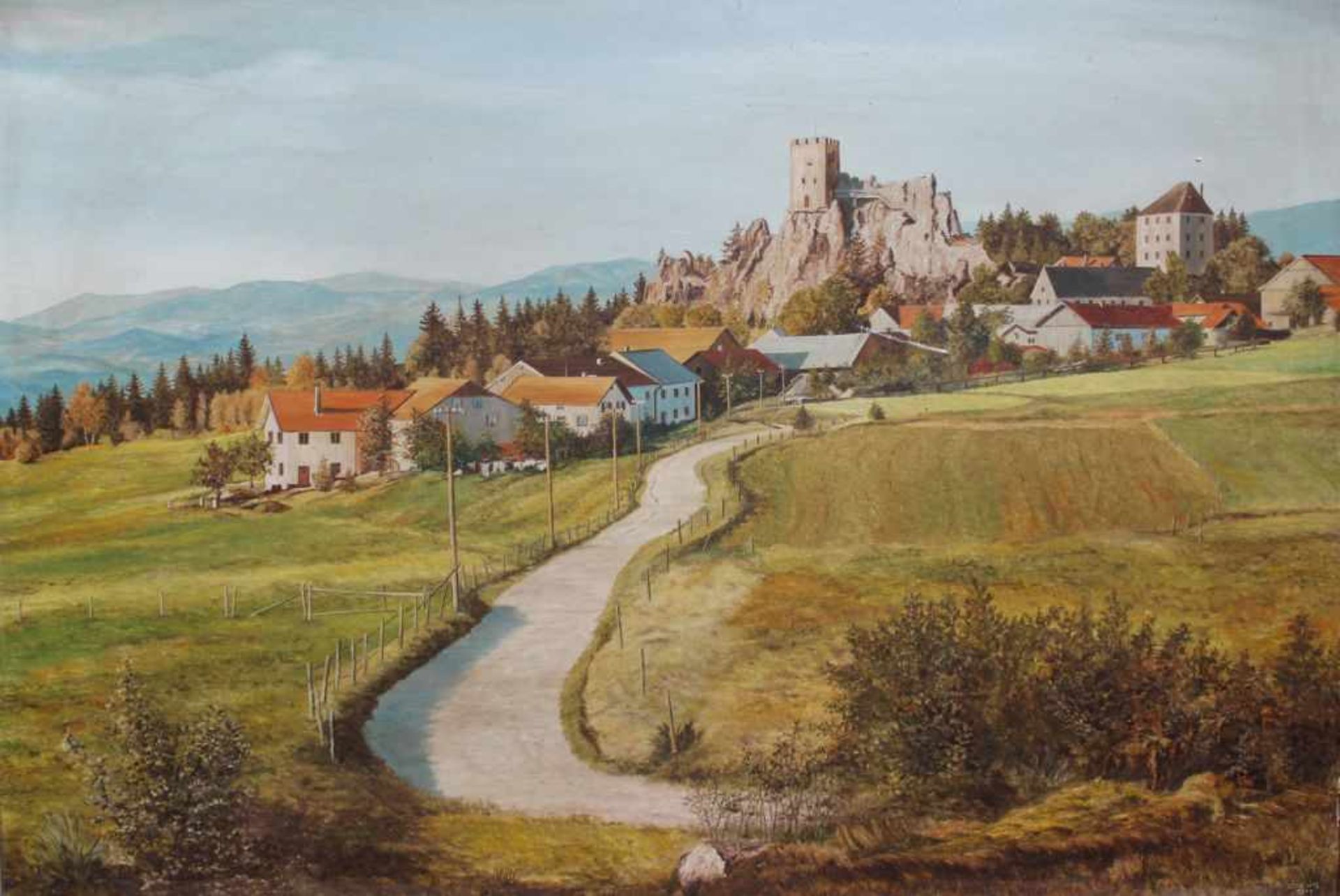 Gemälde - F.R.Braun (XX.Jahrhundert) " Alpenländische Landschaft mit Dorfansicht und Burgruine ",