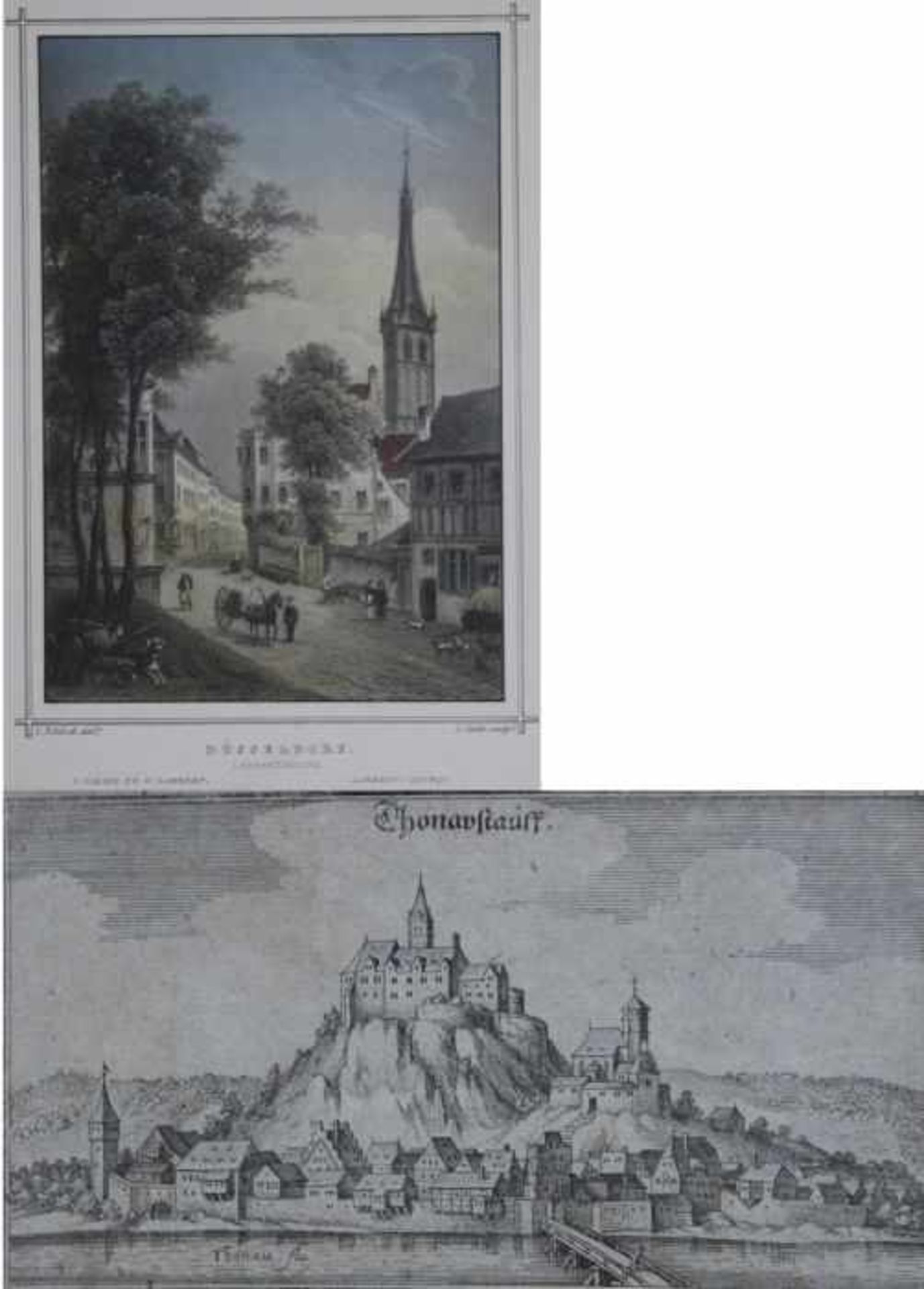 Paar Grafiken - 17. und 19.Jahrhundert 1. Kupferstich Merian, "Donaustauf", Passepartout, Rahmen