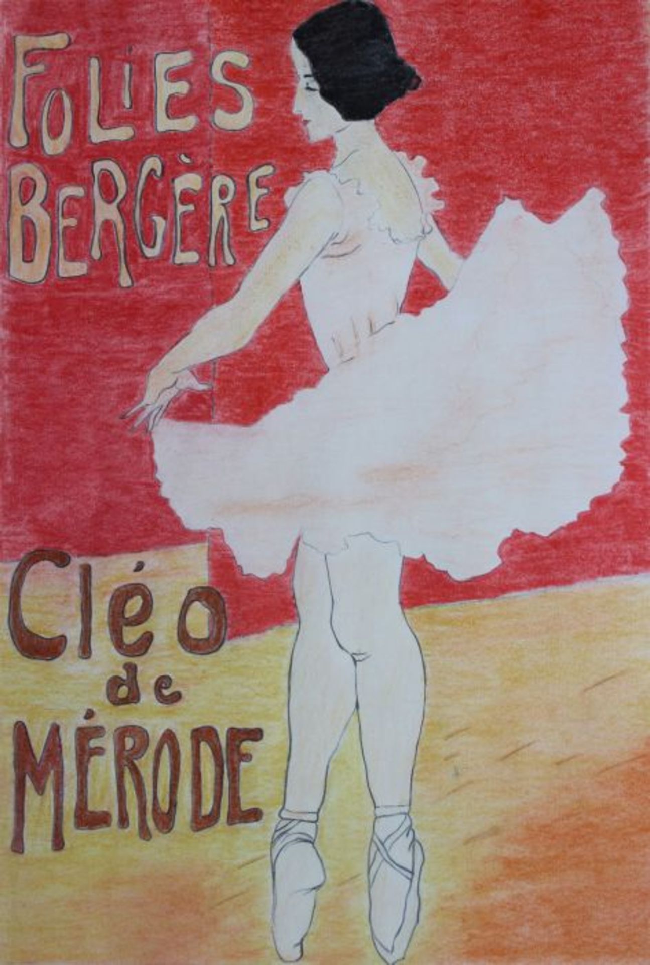 Zeichnung nach franz. Jugendstil - Lithographie "Folies Bergére - Cléo de Mérode", Buntstift auf