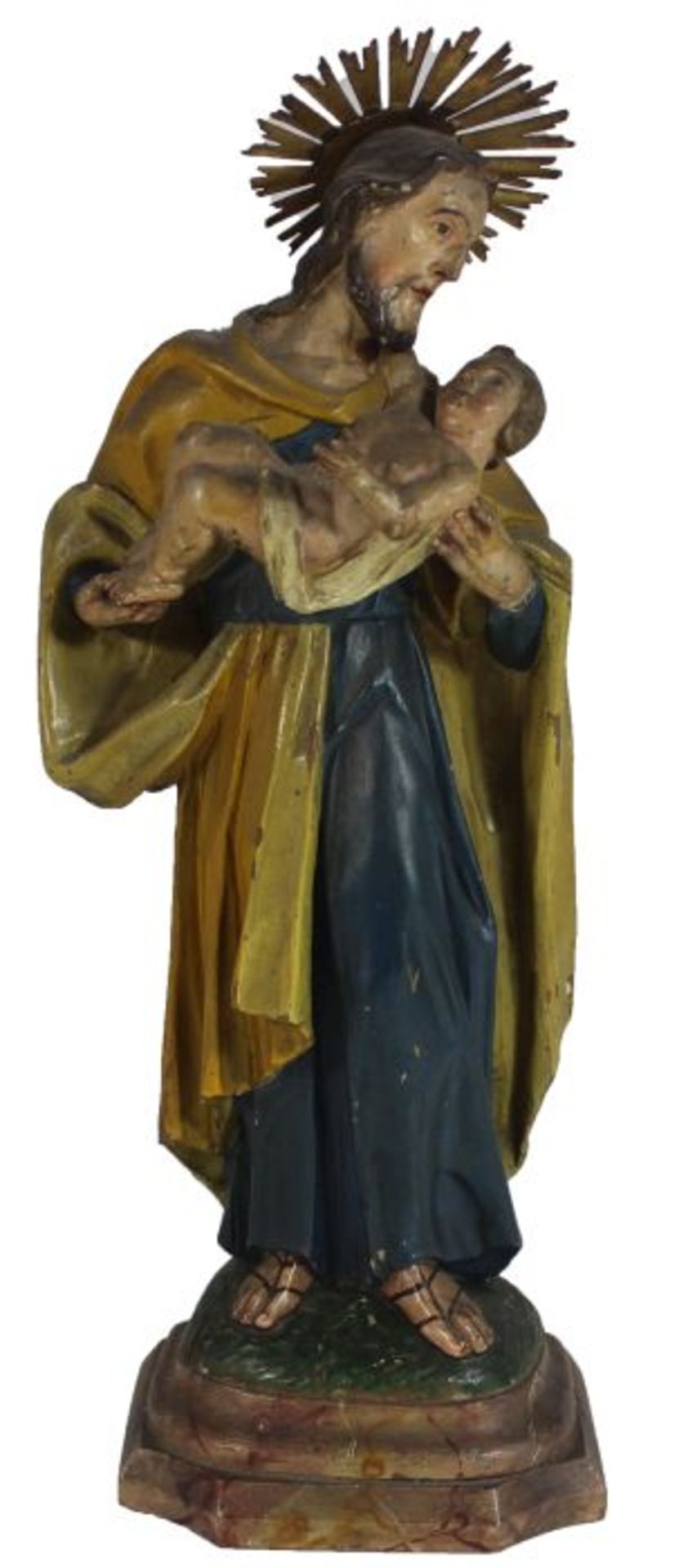 Figur aus dem 19.Jahrhundert "Josef mit Kind", Holz geschnitzt, gefaßt und bemalt, blaues Gewand mit