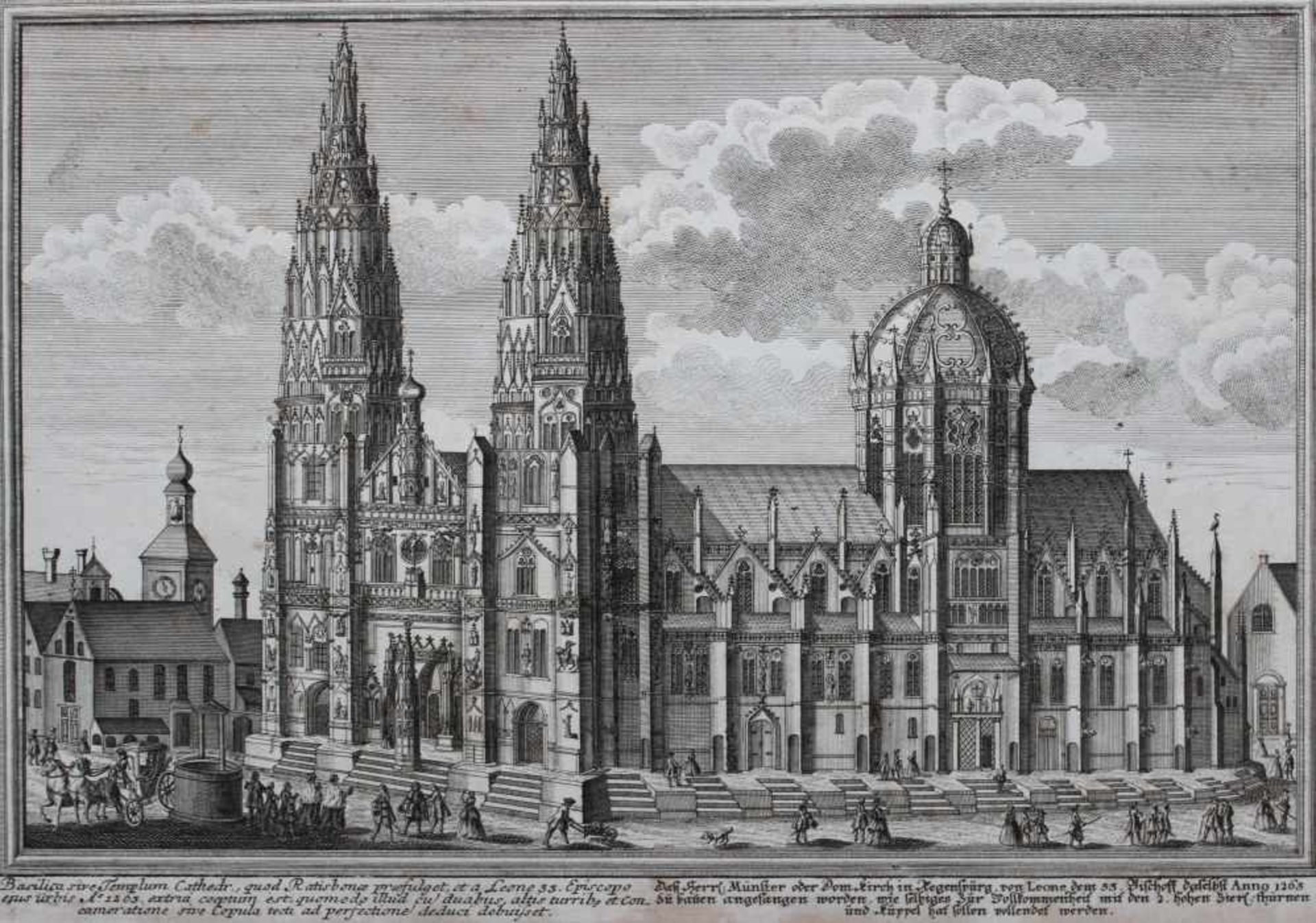 Kupferstich aus dem 18.Jahrhundert "Dom zu Regensburg mit Kuppel", anbei Beschriftung, Altersspuren,