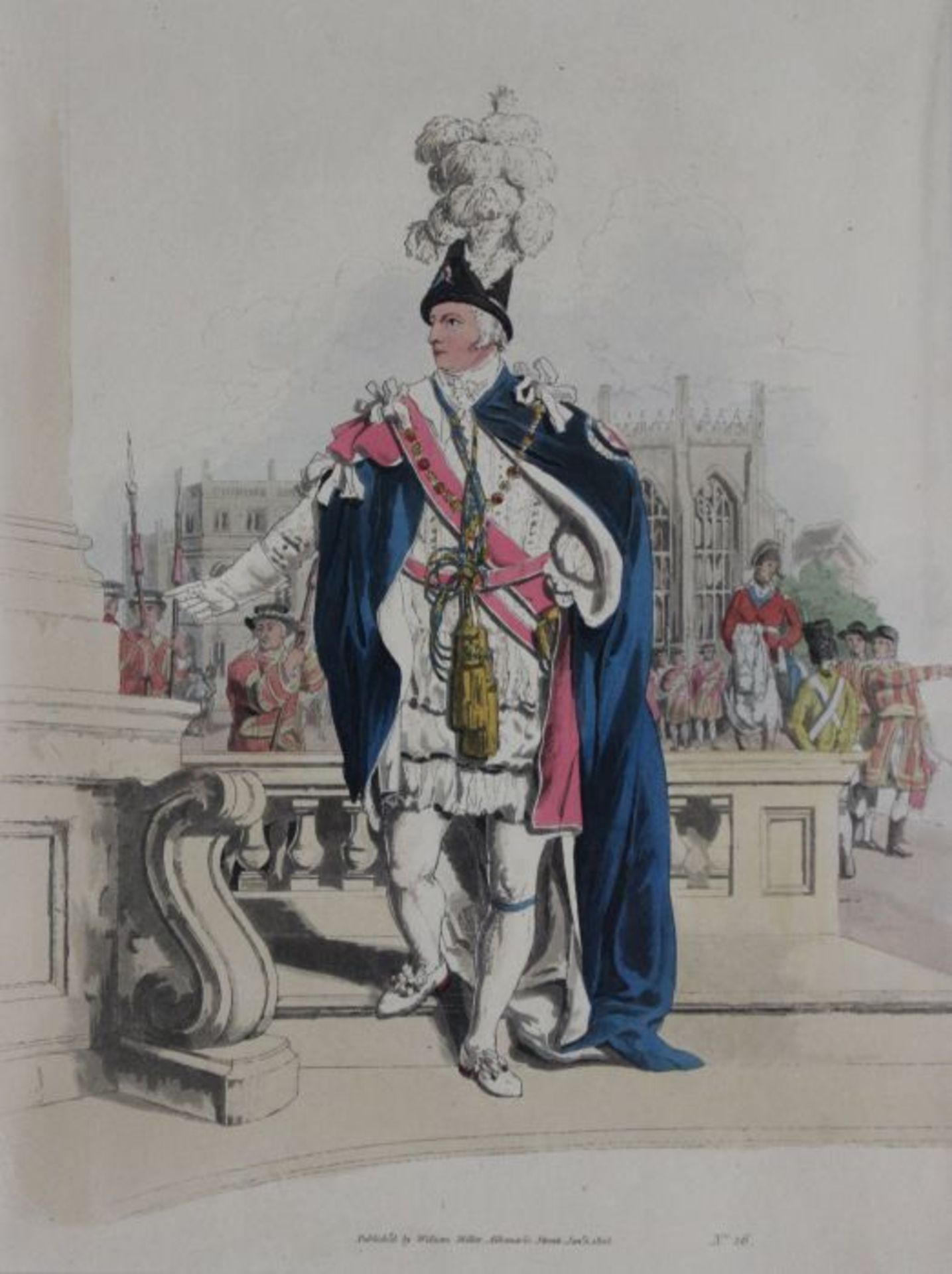 Aquarellierte Aquatintaradierung bei W.Miller London 1805 aus Costume of English, " Der König von