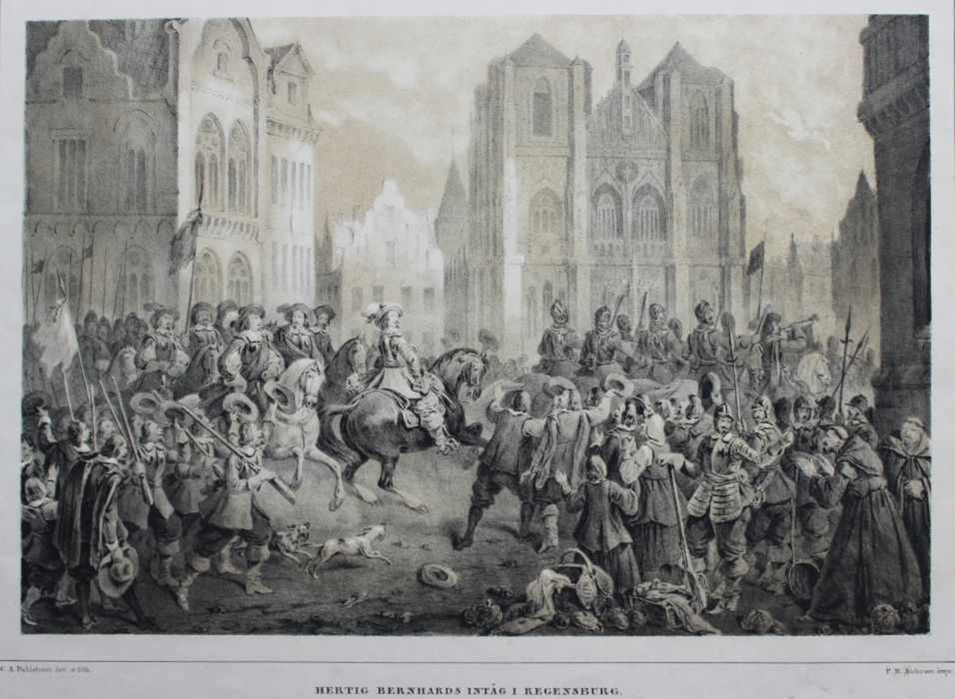 Lithographie - Carl Andreas Dahlström (1806 Stockholm 1869) "Hertig Bernhards intag i Regensburg",