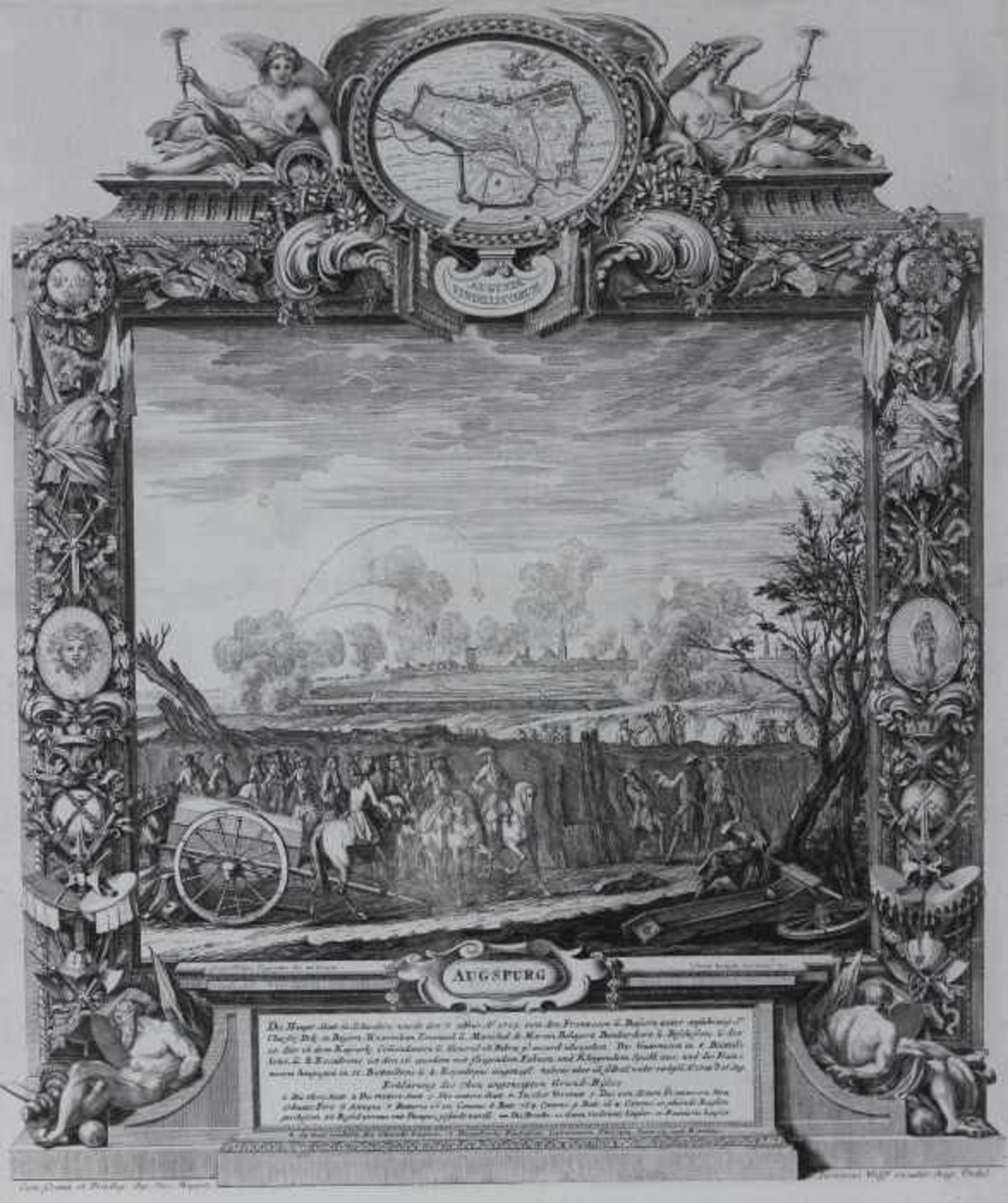 Kupferstich aus dem 18.Jahrhundert "Augsburg - Siegreiche Länder und Stätt Ernde", gestochen von